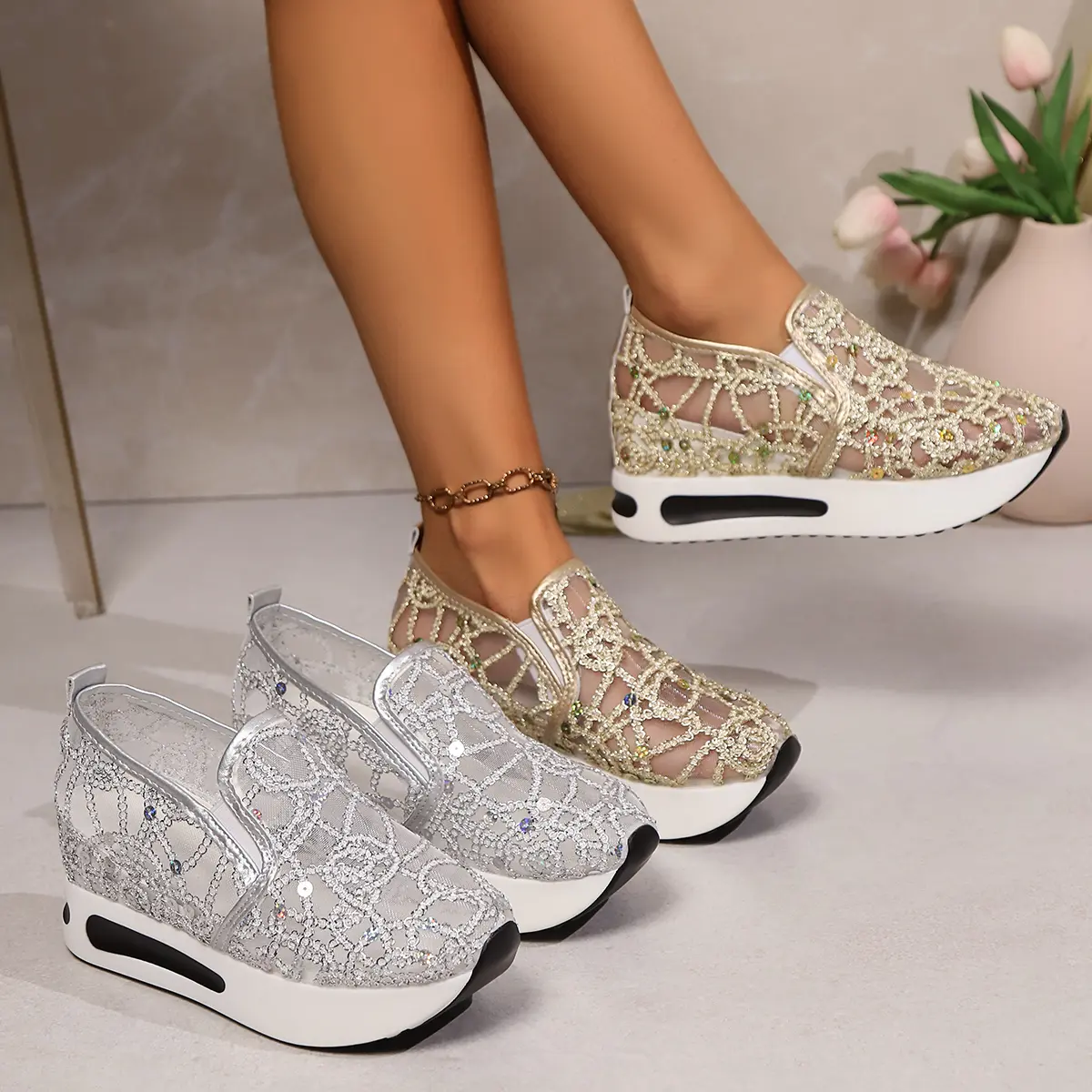 Women's Mesh Slip-On Casual Fashion Shoes, Breathable Footwear with Thick Sole for Height Increase, Chic Look for Daily & Outdoor Occasions, Shoe