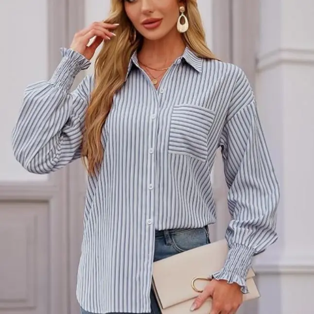 Womens Button Down Shirts Striped Smocked Cuff Long Sleeve Blouses with Pocket Casual Collar Office Work Tops
