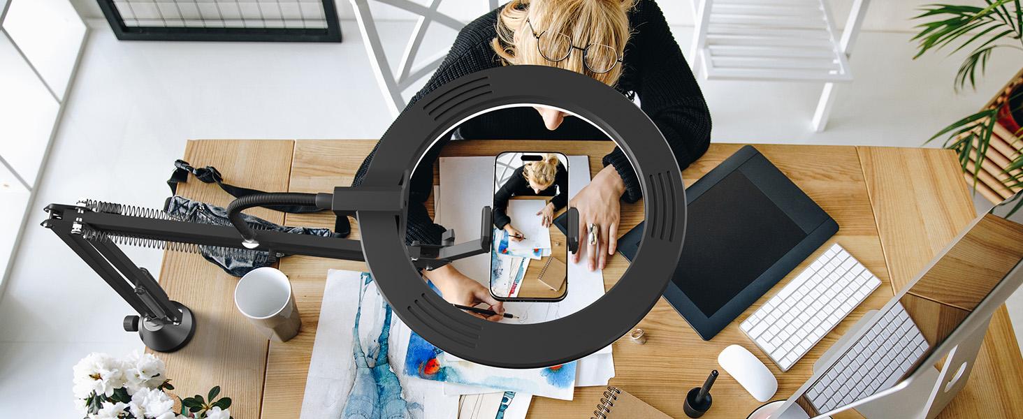 TONOR 10" Overhead Ring Light Kit, Boom Arm & Phone Holder, Adjustable Angle for Recording, Live Stream, Makeup & Nail Art Led Selfie Accessories Selfie Stand #SummerVibes,summerwins TONOR 10" Overhead Ring Light Kit, Boom Arm & Phone Holder, Adjustable Angle for Recording, Live Stream, Makeup & Nail Art Led Selfie Accessories Selfie Stand #SummerVibes,summerwins