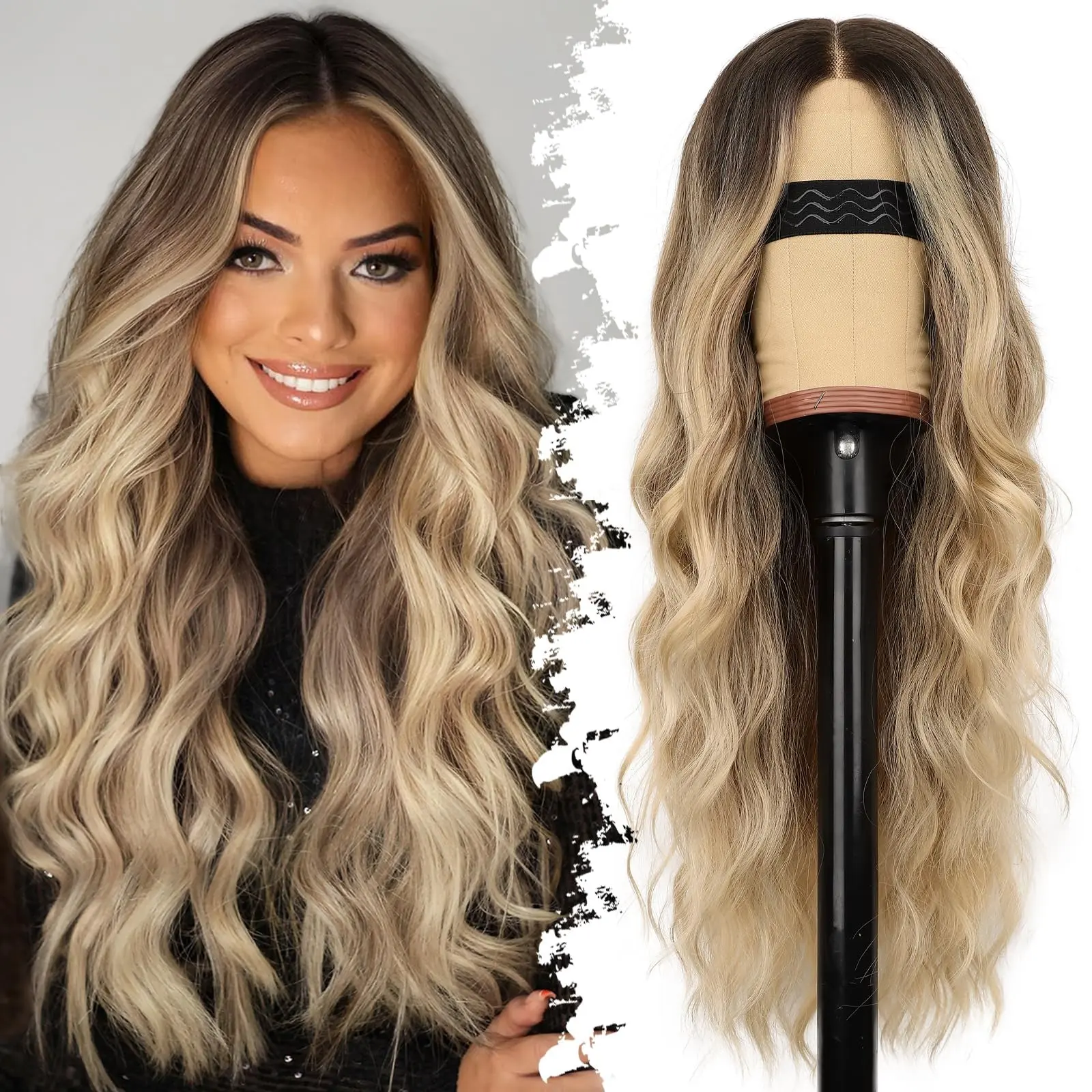 26Inch Ombre Blonde Wig for Women Long Wavy 4x1  Natural Hairline Realistic Appearance Glueless for Beginners Middle Part Synthetic for Daily Party Use small lace front