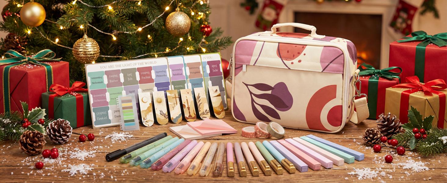 WEMATE 76 PCS Bible Study Supplies with Bible Case, 15 No Bleed Bible Highlighters and Pens, Washi Tape, Transparent Sticky Notes, Prayer Cards, Annotation Journaling Kit Gift for Women, Aesthetic Accessories Set Notebook Pastel Markers Pencil Bag