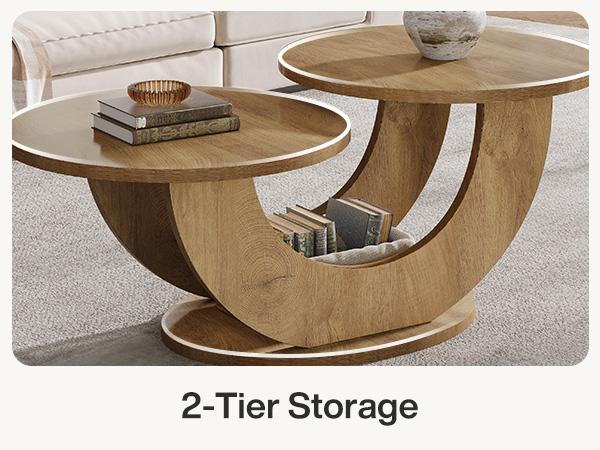 LITTLE TREE Round Living Room Coffee Table, 2-Tier Farmhouse Coffee Table with U-Shaped Frame, Low Accent Center Cocktail Table for Home, Apartment
