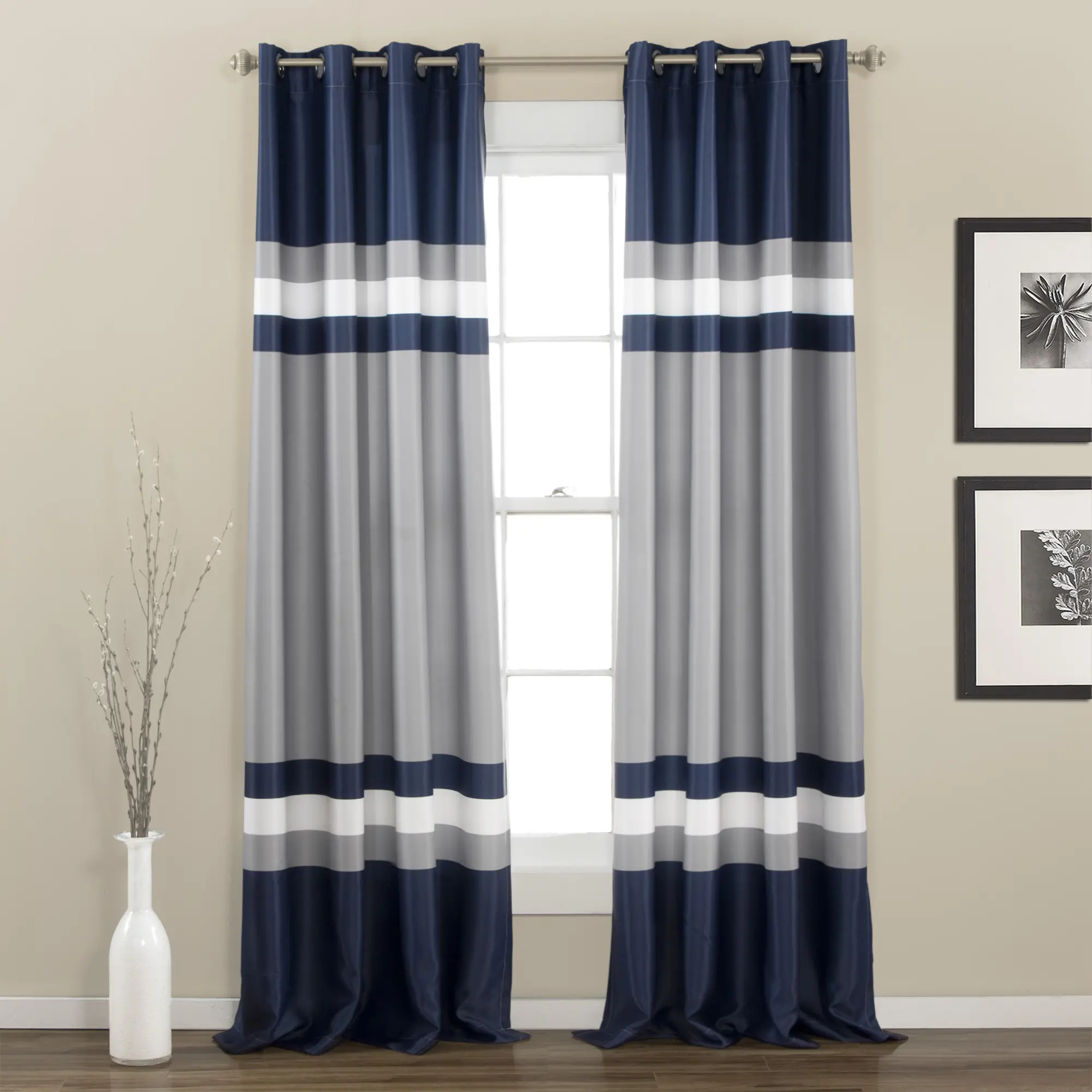 Lush Decor Alexander Stripe Light Filtering Window Curtain Panels Pair 52"W x 84"L Navy - Blue Curtains For Bedroom - Striped Living Room Curtains