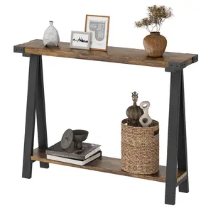 Garvee Rustic Brown 2-Tier Farmhouse Console Table with Durable Metal Frame and MDF Storage, Featuring Narrow Design and V-Shaped Legs, Perfect for Entryway, Living Room, Hallway, or Behind Sofa