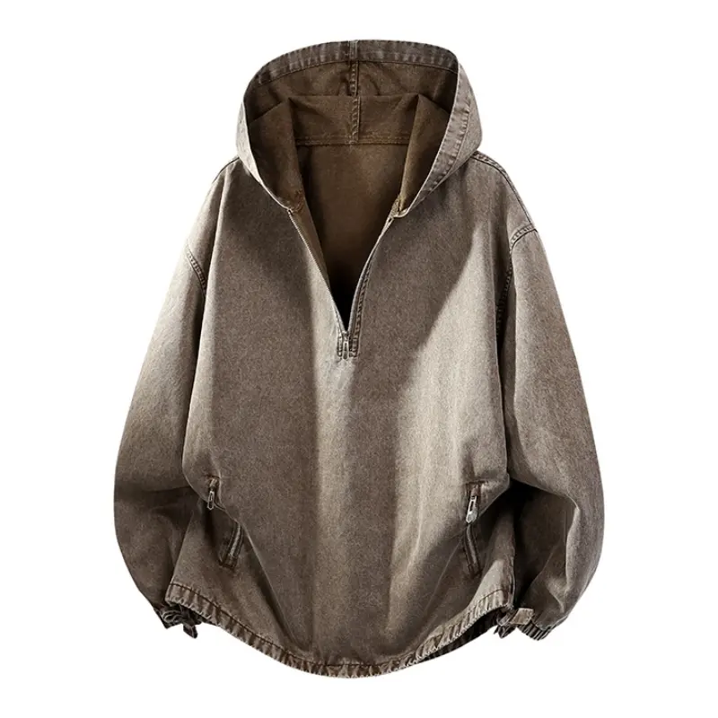 Pure cotton washed hooded sweatshirt for men-spring trend with a loose V-neck design; washed denim jacket with a retro half-zip closure, zip pockets, elastic hem, and elastic cuffs; made from soft, comfortable, breathable fabric, suitable for everyday wea
