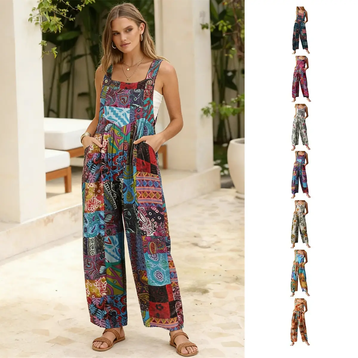 Woodberry Women's Sleeveless Polyester Patchwork Dual-Pocket Bohemian Dungarees - Stylish Jumpsuit, Wide-Leg Bib Design, Sleeveless Strap Style, Casual All-Seasons Floral Print Womenswear, Sleeveless Strap Overalls, Casual Overalls