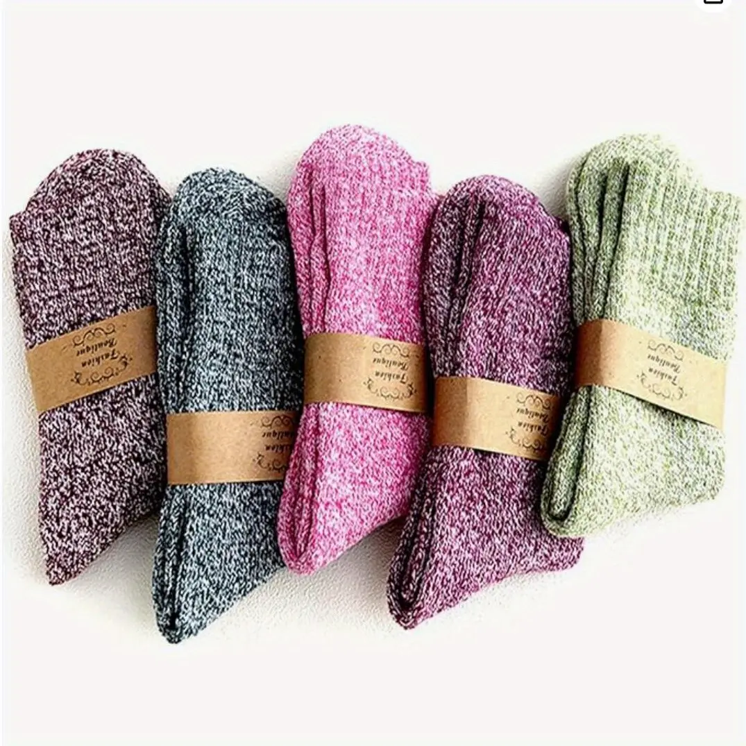 Women's Winter Socks, 5 Pairs Cute Solid Color Calf-High Crew, Soft Thick Casual Socks for Daily Warmth, Lady, Casual Stylish Socks