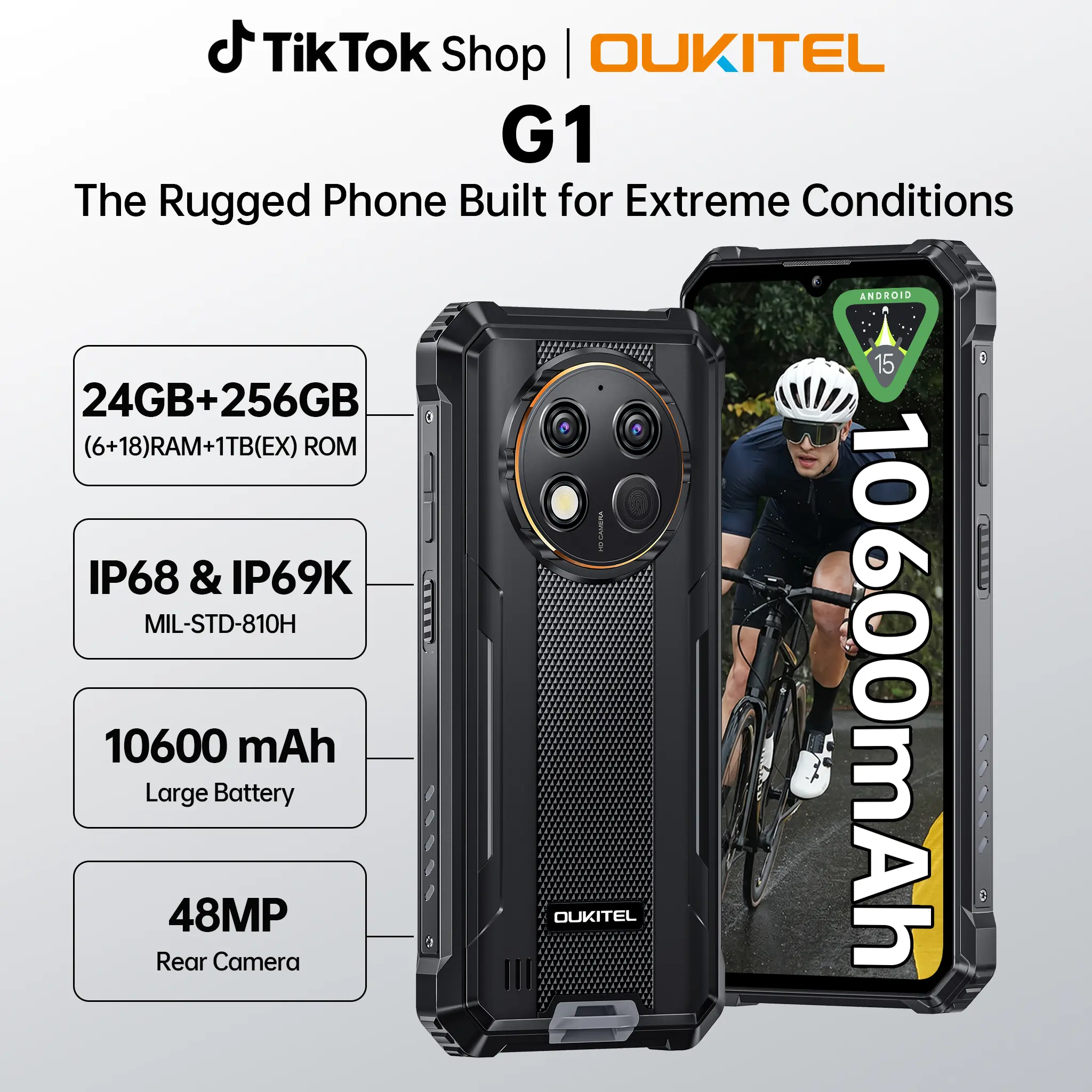 OUKITEL G1 Rugged Phone Unlocked，10600mAh Battery，24(6+18)GB RAM + 256GB ROM，Octa-Core Mobile Phone，6.52"HD+ 90Hz，48 MP+5 MP Camera,，Waterproof IP68/IP69K Outdoorfun，4G Dual SIM，OTG/NFC/OTG/T-Mobile,back to school,back to school haul