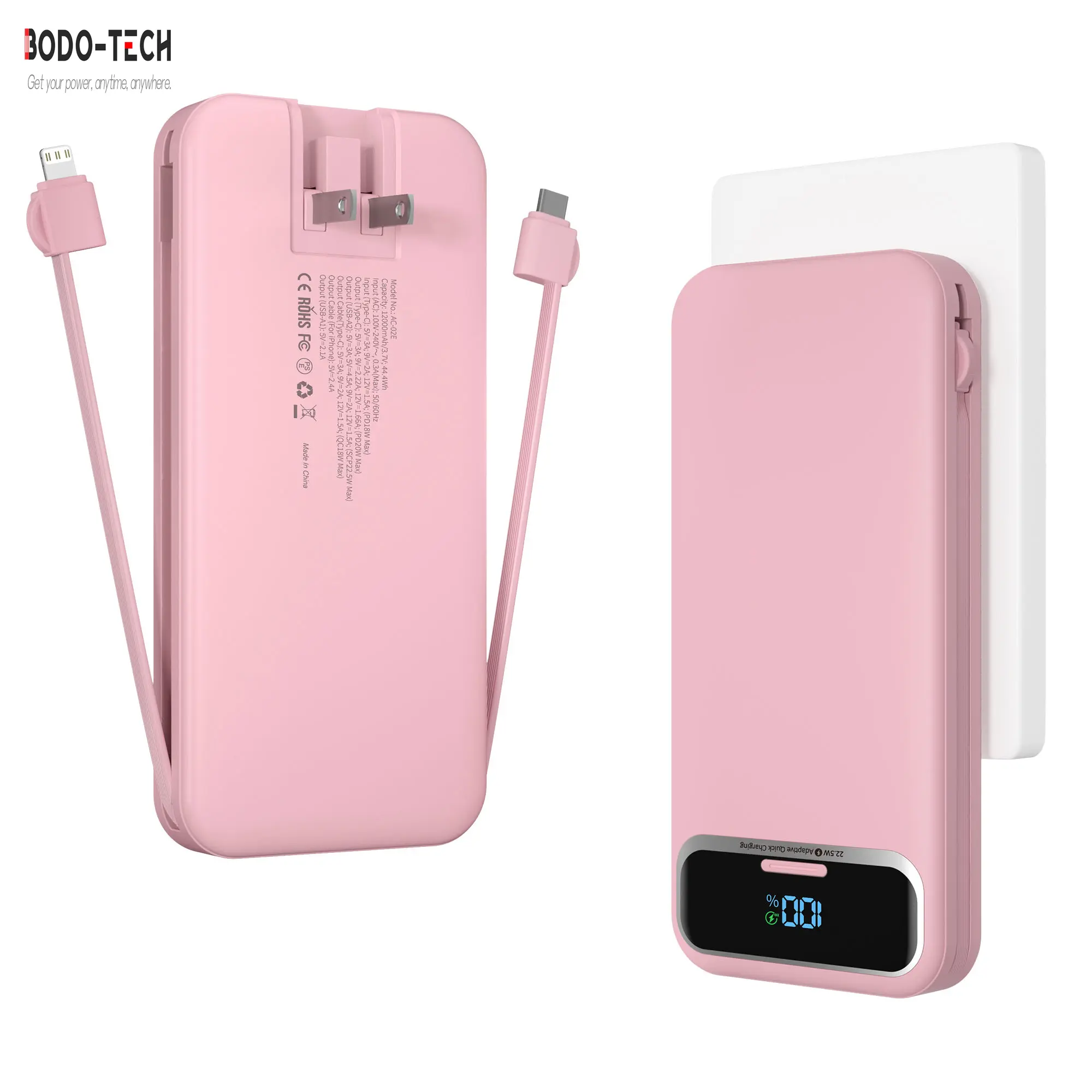 Bodo-Tech 12000mAh Portable Charger with AC Wall Plug, Fast Charging Power Bank, Built-in Cables, Compact Digital Display, Compatible with iOS iPhone, Android Mobile Devices, USB Accessories, Camping Essential, 10001-20000Mah