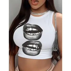 Women's Lip Print Round Neck Crop Tank Top, Fashion Casual Crew Neck Sleeveless Top for Daily Holiday Vacation Outdoor Wear, Ladies Clothes for Summer