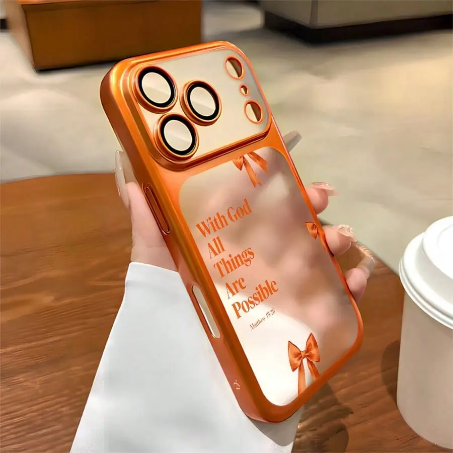 "With God All Things Are Possible" Patterned Electroplated Semi-Transparent Frosted Fully Enclosed PC Orange Hard Phone Case, Phone Accessories Casing Compatible with iPhone 17 Pro Max, 16, 15, 14, 13, 12 (Ideal Christmas, Valentine's Day Gift)