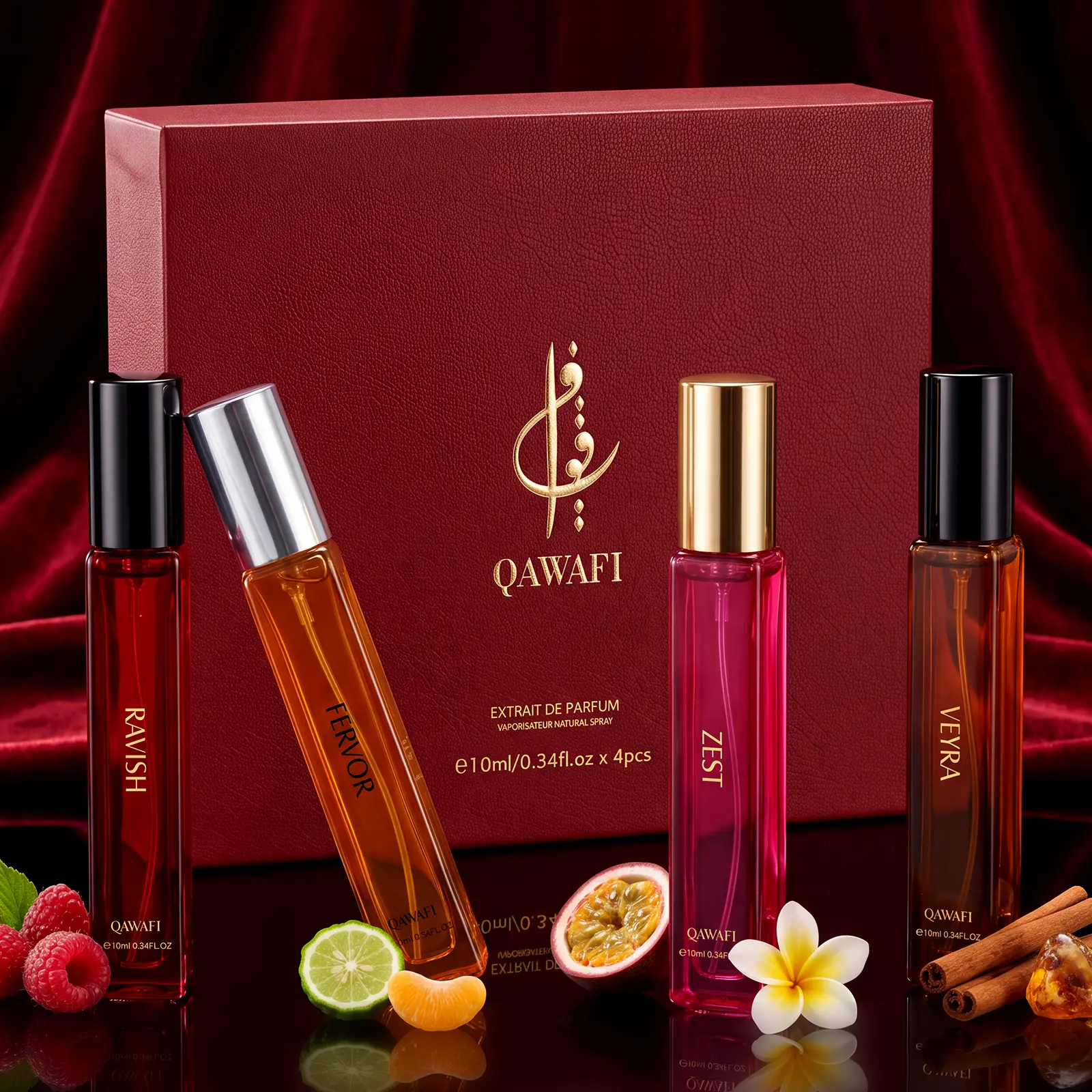 QAWAFI Perfume Signature Set | Amber,Passionfruit,Spiced Vanilla & Raspberry | Extrait De Parfum 4x10ml | 8H+ Long Lasting