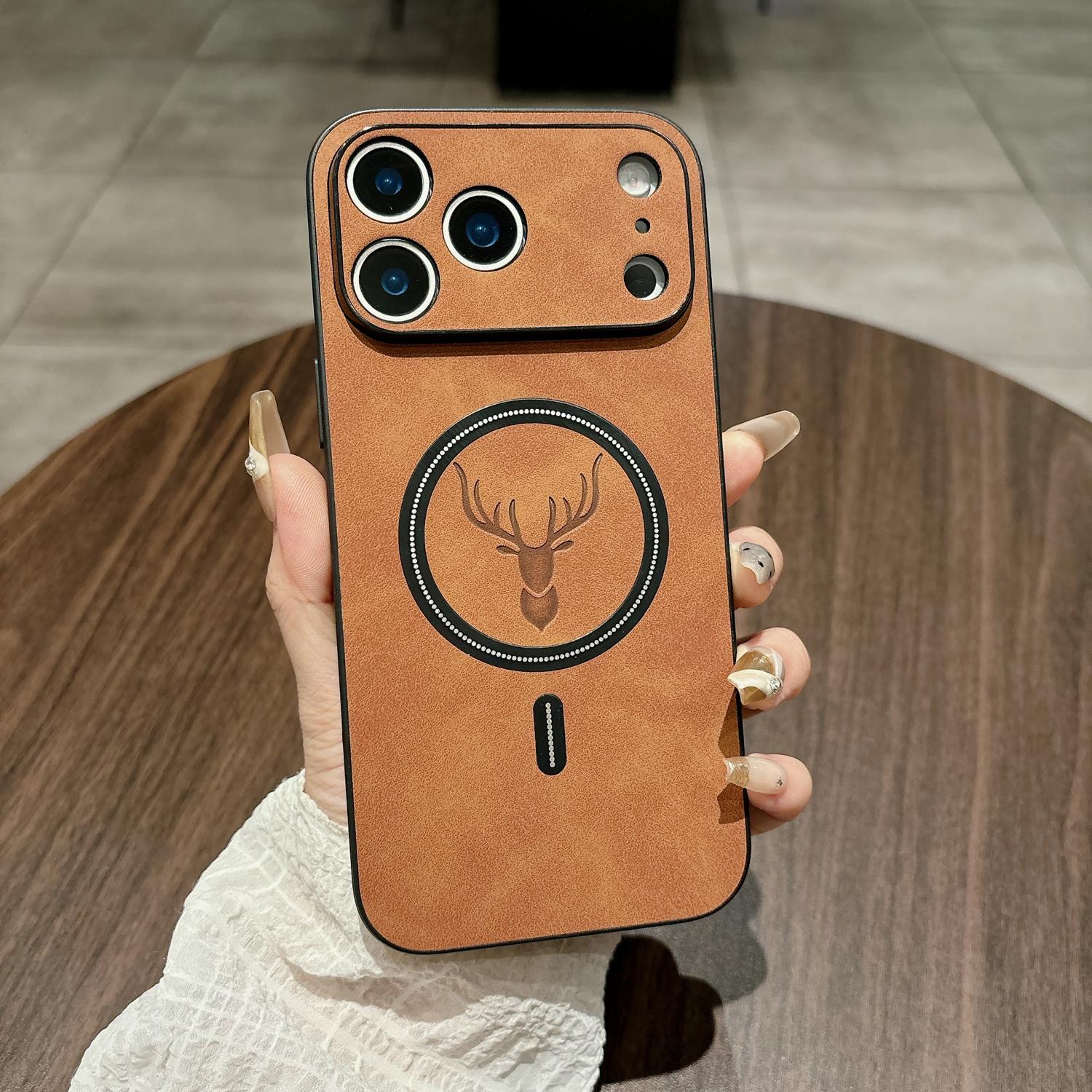 Case for iPhone 17 Pro Max 16 15 14 13 12 11, Compatible with Magsafe, Magnetic PU Leather Deer Pattern, Non-Slip Frame, Camera Protection, Soft TPU Shock Absorption Military Grade Drop Shockproof Cover