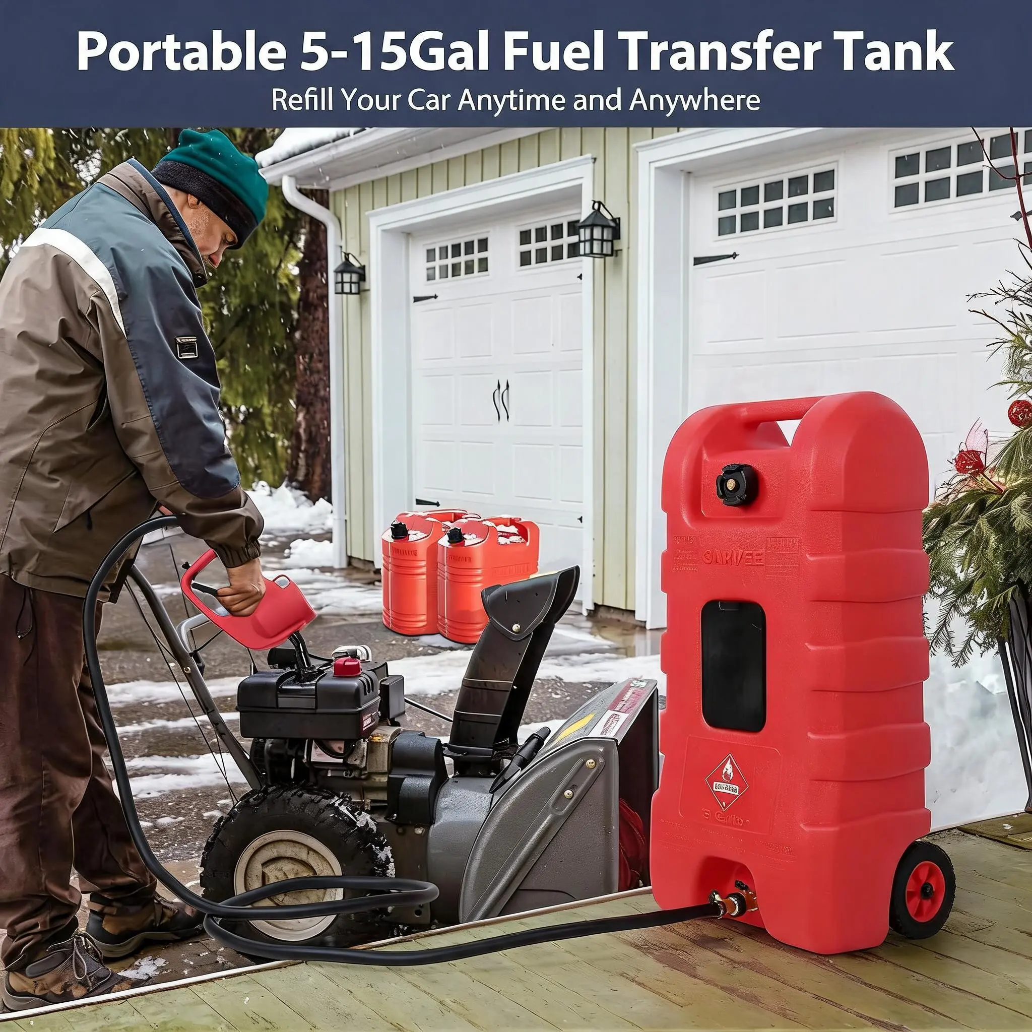 【Fathersdaygift】GARVEE 15 Gallon Portable Fuel Caddy with LE Pump & 10ft Hose for Gasoline Diesel Storage on Wheels for Cars Lawn Mowers ATVs Boats Red Yellow Gray Options - Convenience