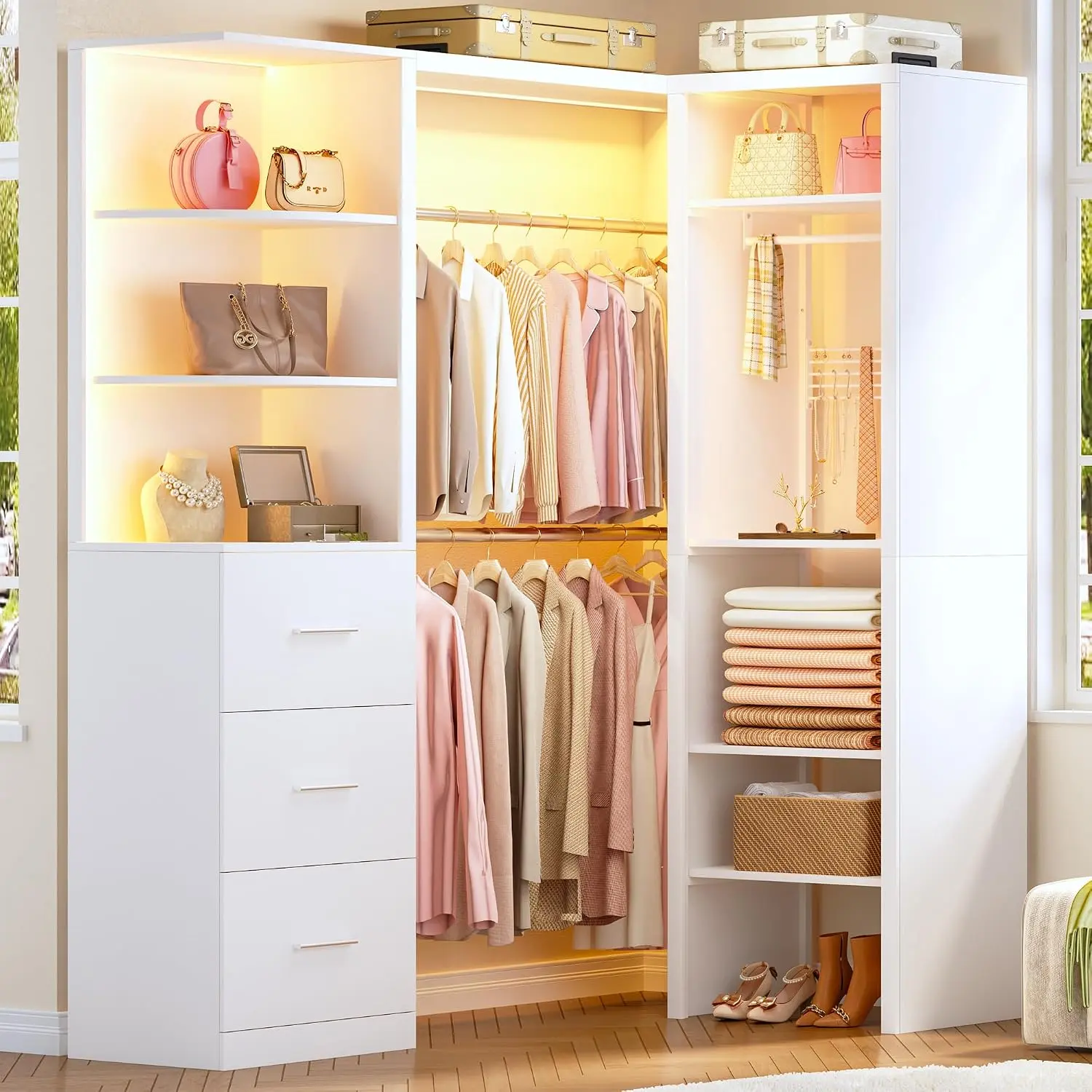 Large Corner Closet System with 3 Drawers and 6 Shelves, 77'' Reversible Closet Organizer System with LED Lights & 8 Jewelry Hooks, White Walk-in Closet with 3 Hanging Rods, L Shaped/Straight