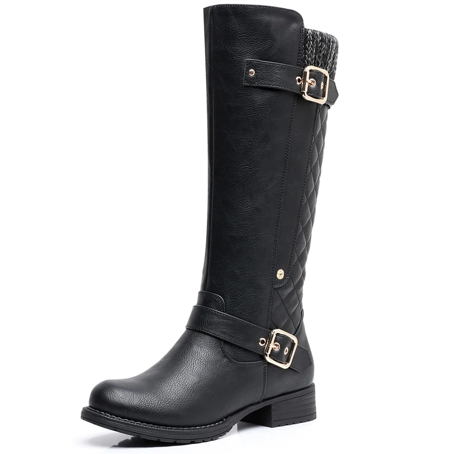 GLOBALWIN Women's Quilted Knee High Boots For Women Low Heel Comfortable Fashion Riding Boots