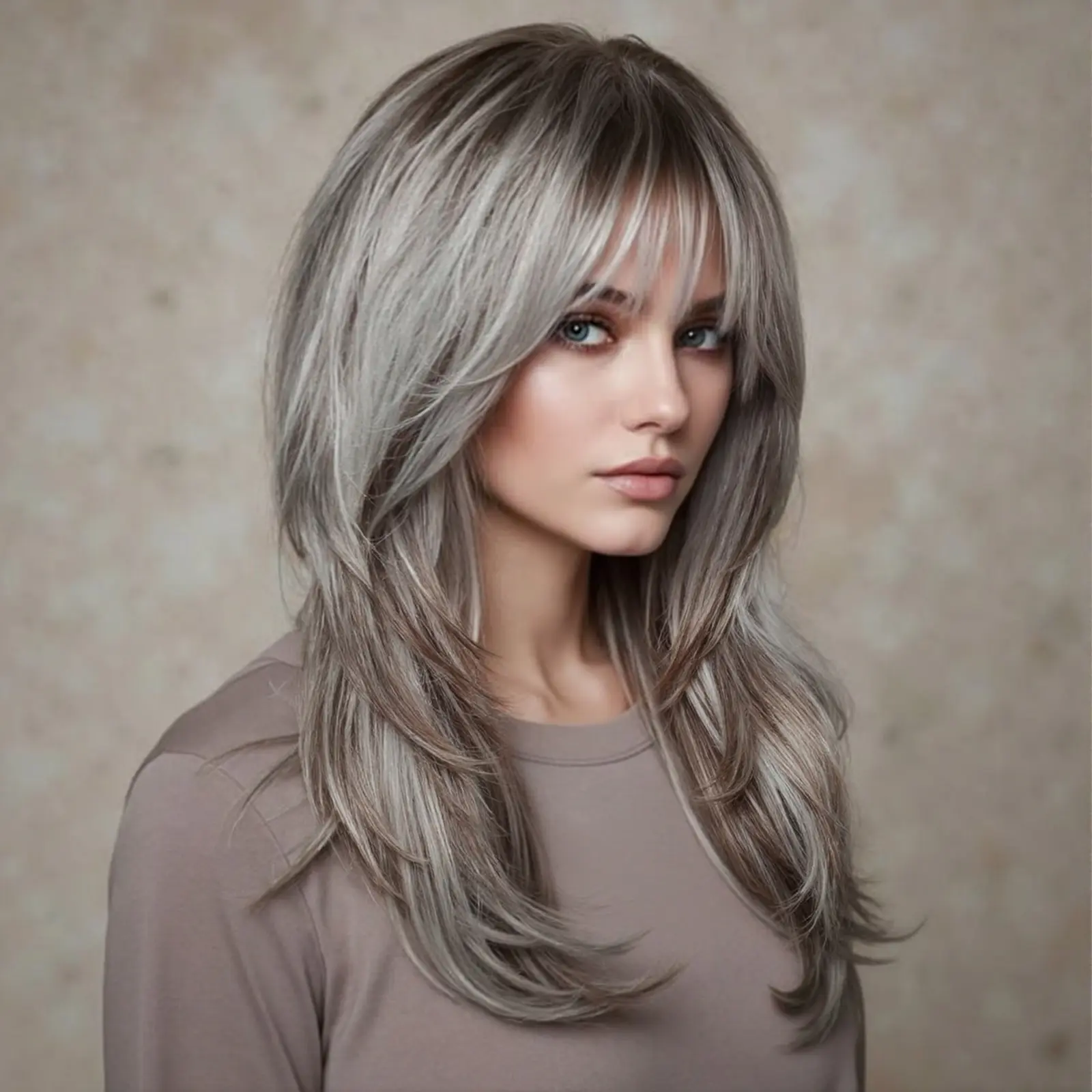 Elara-DWY 22 Inch Silver Grey Balayage Long Layered Wig with Air Bangs | Natural Synthetic Hair for Women | Daily Wear & Versatile Styling