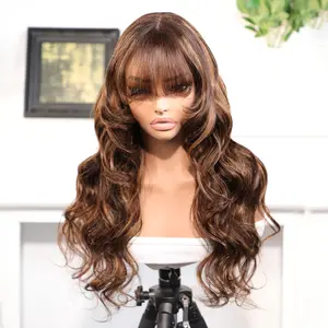 OQ HAIR 3/30 Highlight Color Body Wave Wig With Bangs Human Hair 200% Density 9x6 TPart Lace Wear Go Glueless Wigs With Drawstring Beginner Friendly