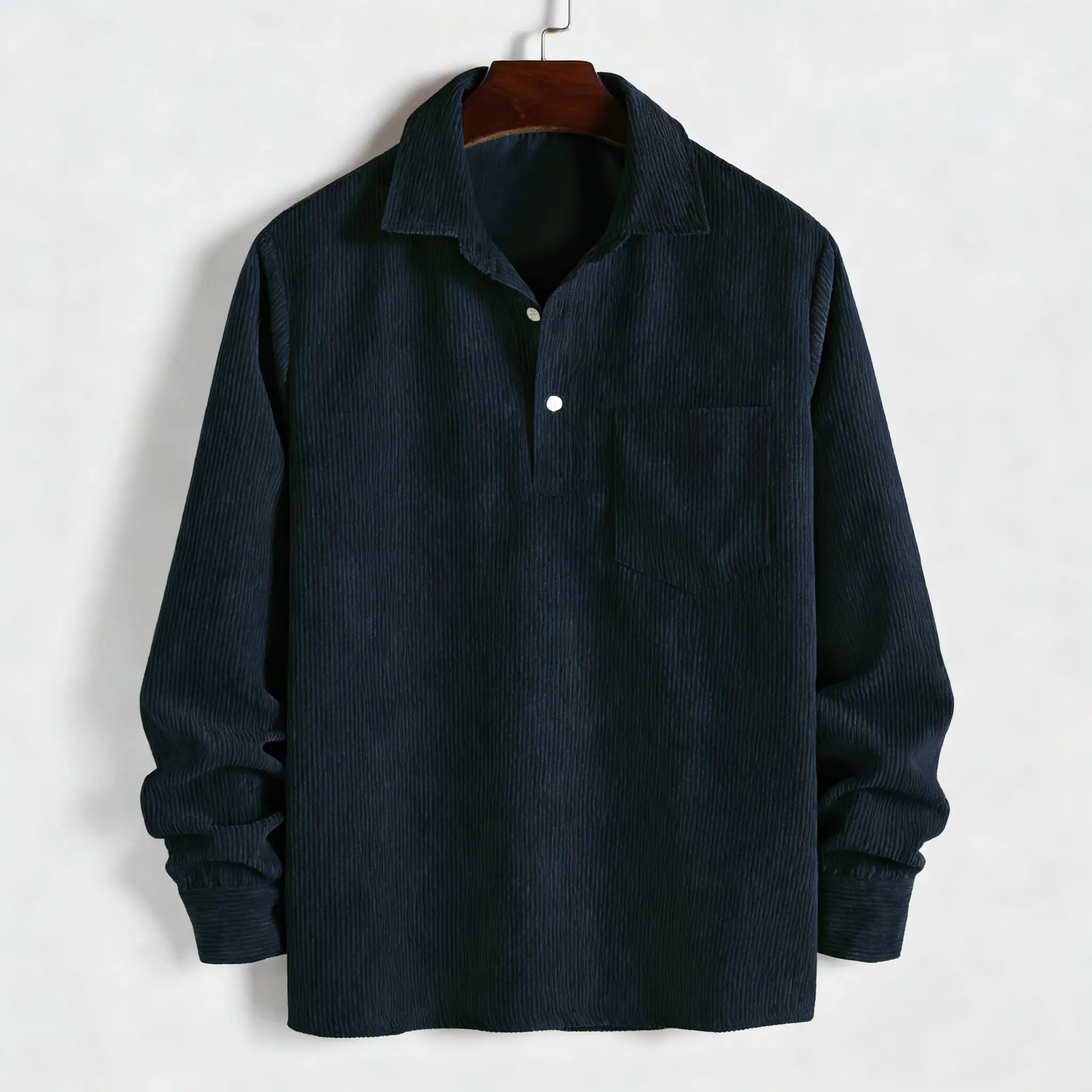 Menswear Men's Classic Smart Casual Style Loose Long Sleeve Corduroy Collared Button Front Top - Plain, Regular Fit, Pocket for Fall & Winter, Button Front Shirt, Longsleeves, Basic Style, Casual Shirts, Collared Neck, Elegant, Korean, Loose-Fitting