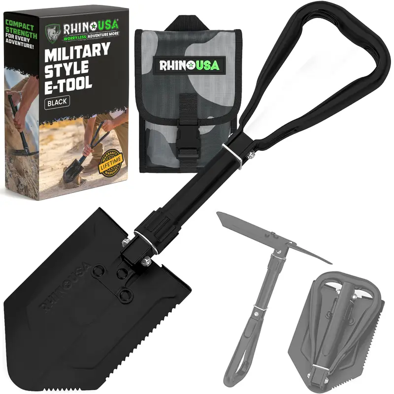 Rhino USA Folding Survival Shovel w/Pick - 3-in-1 Multipurpose Heavy Duty Carbon Steel Military Style Tool for Off Road Camping Gardening Beach Digging Dirt Sand Mud & Snow