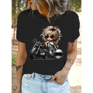 Women's White Graphic Print T-Shirt - Casual Short Sleeve Crew Neck Top with Cartoon Motorcycle Design, Medium Stretch & Machine Washable for Summer & Spring, Motorcycle Shirt, Allseasons Top, Nontransparent Material
