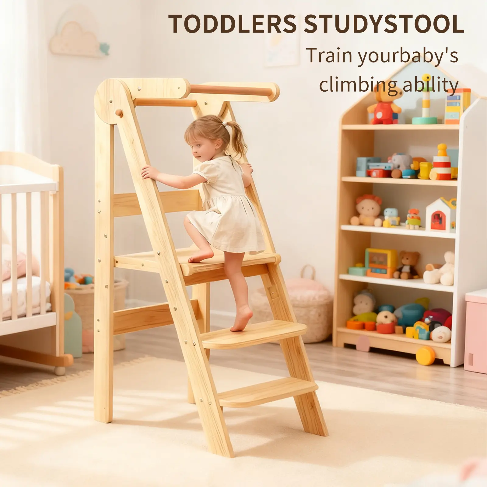 Foldable Toddler Kitchen Tower, Montessori Kitchen Stools Helper, Standing Tower with 3 Adjustable Heights, Suitable Age for 2-6 Years