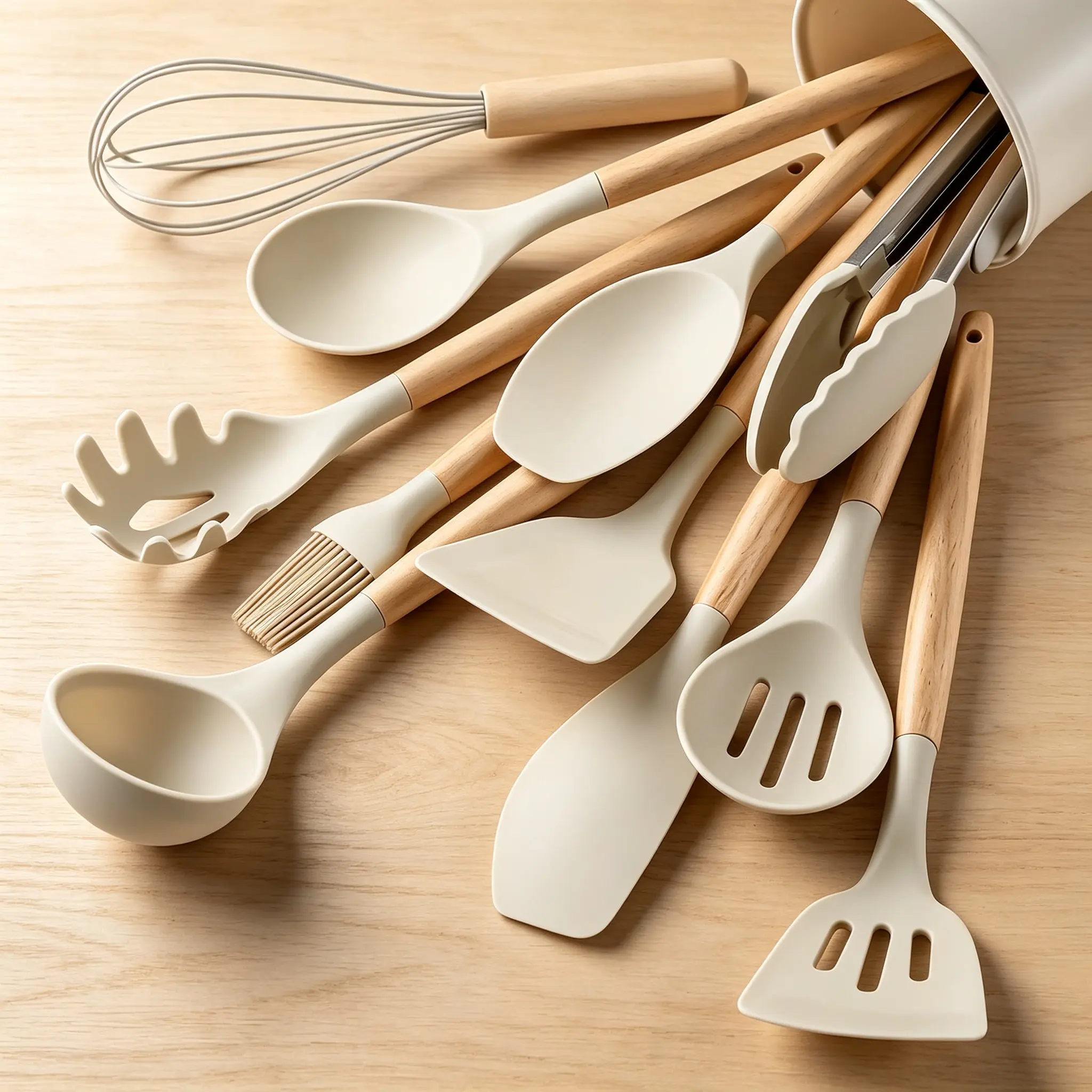 12-Piece Lightweight Silicone Kitchen Utensil Set with Wooden Handles - Multifunctional Spatula Spoon, Whisk, Turner, Nonstick Baking Spatula, Stirring Tool, Durable, Hand Wash Safe, Cookware Protective, Convenient Storage (Khaki)