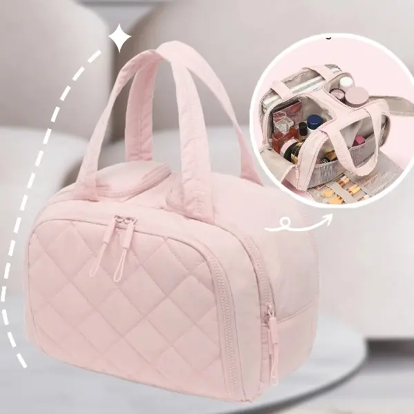 This waterproof cosmetic bag is spacious with multiple compartments, perfect for storing makeup, skincare products, makeup brushes, and toiletries. It features a wet/dry separation design, making it ideal for travel and everyday essentials.Bag5001