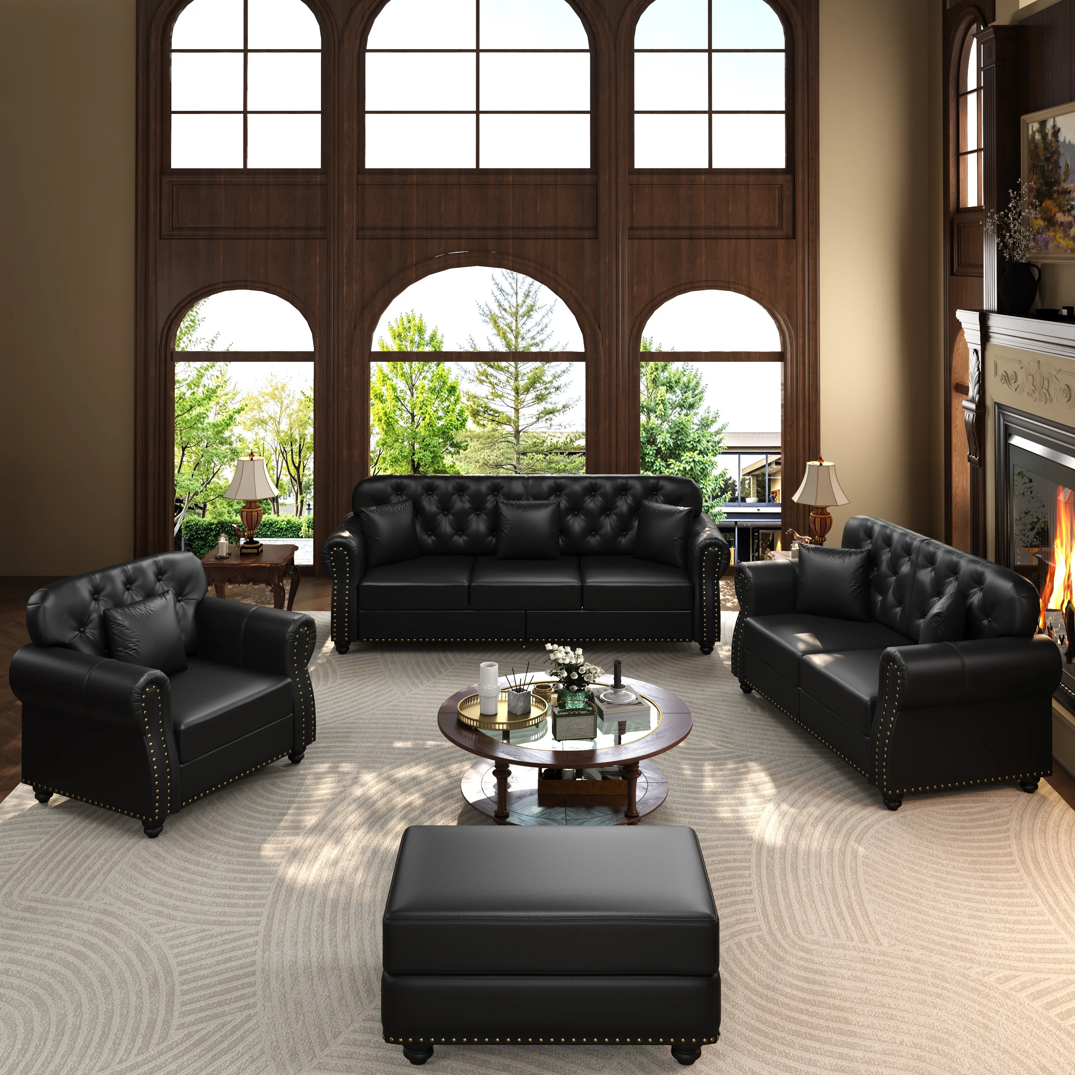 Faux Leather Upholstered Decorative Sofa with Rolled Arms, Nailhead Trim, Button Tufting, Mid-Century Modern Chesterfield Design, Sets Available, Button Tufted, Multiple Seats