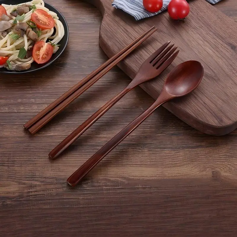 Natural Solid Wooden Cutlery Set, Japanese Style Reusable Chopsticks Spoon Fork, Eco-Friendly Handmade Wood Tableware, Portable Utensils for Home, Camping, Office, Student