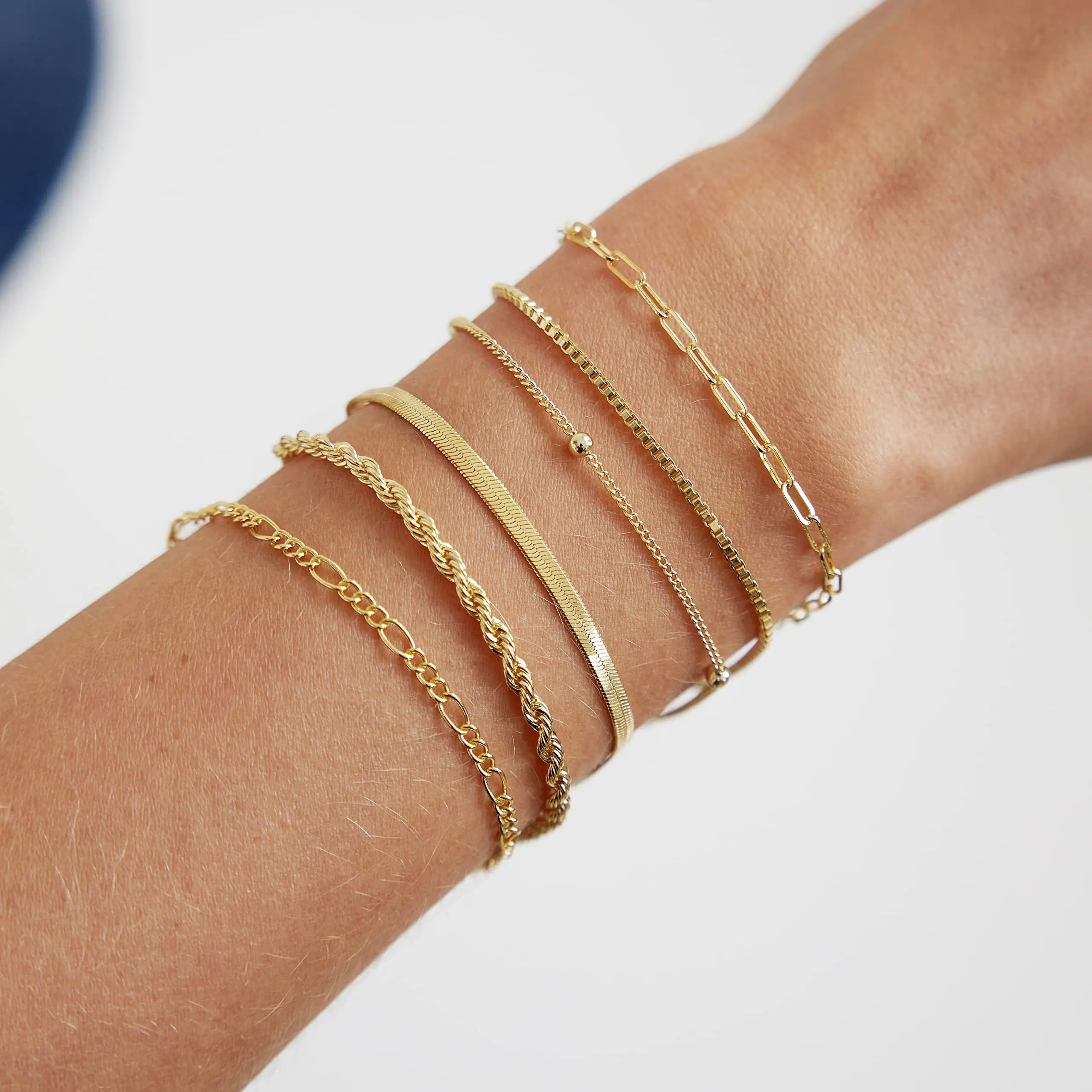 KYERLYN 6PCS Everyday Bracelets for Women 14K-Gold Plated Waterproof Dainty Stackable Cuban Link Paperclip Chain Hypoallergenic Customizable Fit Treat Yourself & Your Besties