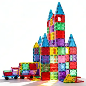 106pcs Magnet Building Tiles with 2 Cars Clear Magnetic 3D Blocks Construction Playboards, Educational Conventional STEM Toys for 3+ Year Old Boys and Girls Strongest Magnets Learning by Playing