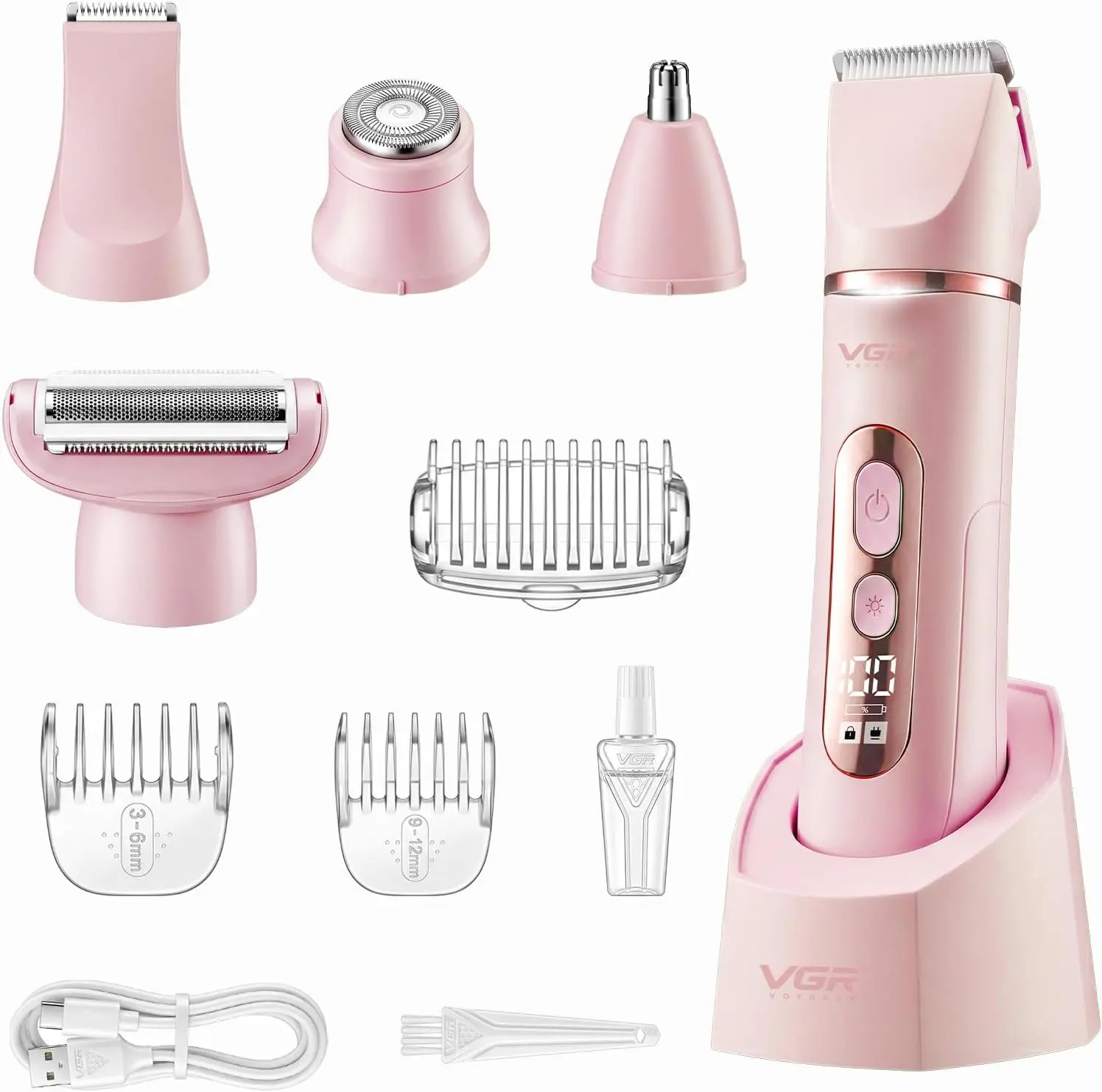 Women's VGR 763 5-in-1 Compact Multiple-Function Bikini Trimmer & Electric Shaver Set with Nose Hair Trimmer, IPX7 Rated Waterproof, LED Display, Travel Lock, USB-C Charge Rechargeable, Travel Safe