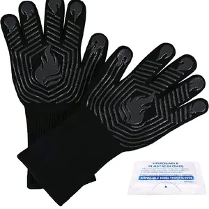 Set of 2 pairs. BBQ Gloves, 1472°F Heat Resistant Gloves Fireproof Mitts, Grilling Gloves Silicone Non-Slip Washable Oven Glove, Kitchen Glove for Barbecue, Grilling, Cooking, Baking, Camping, Smoker (Black)