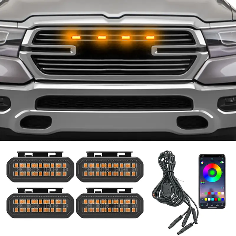 RAM 1500 18 LED Front Grille Light Amber 12V Amber Daytime Running Lamp ABS PMMA Yellow Shell for RAM 1500 Pickup Off-Road Clamp-On Installation Set