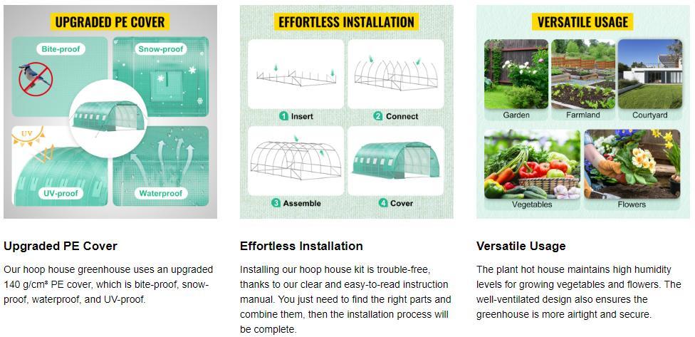 VEVOR Walk-in Tunnel Greenhouse, Portable Plant Hot House w/ Galvanized Steel Hoops, Top Beams, Diagonal Poles, Zippered Doors & Roll-up Windows