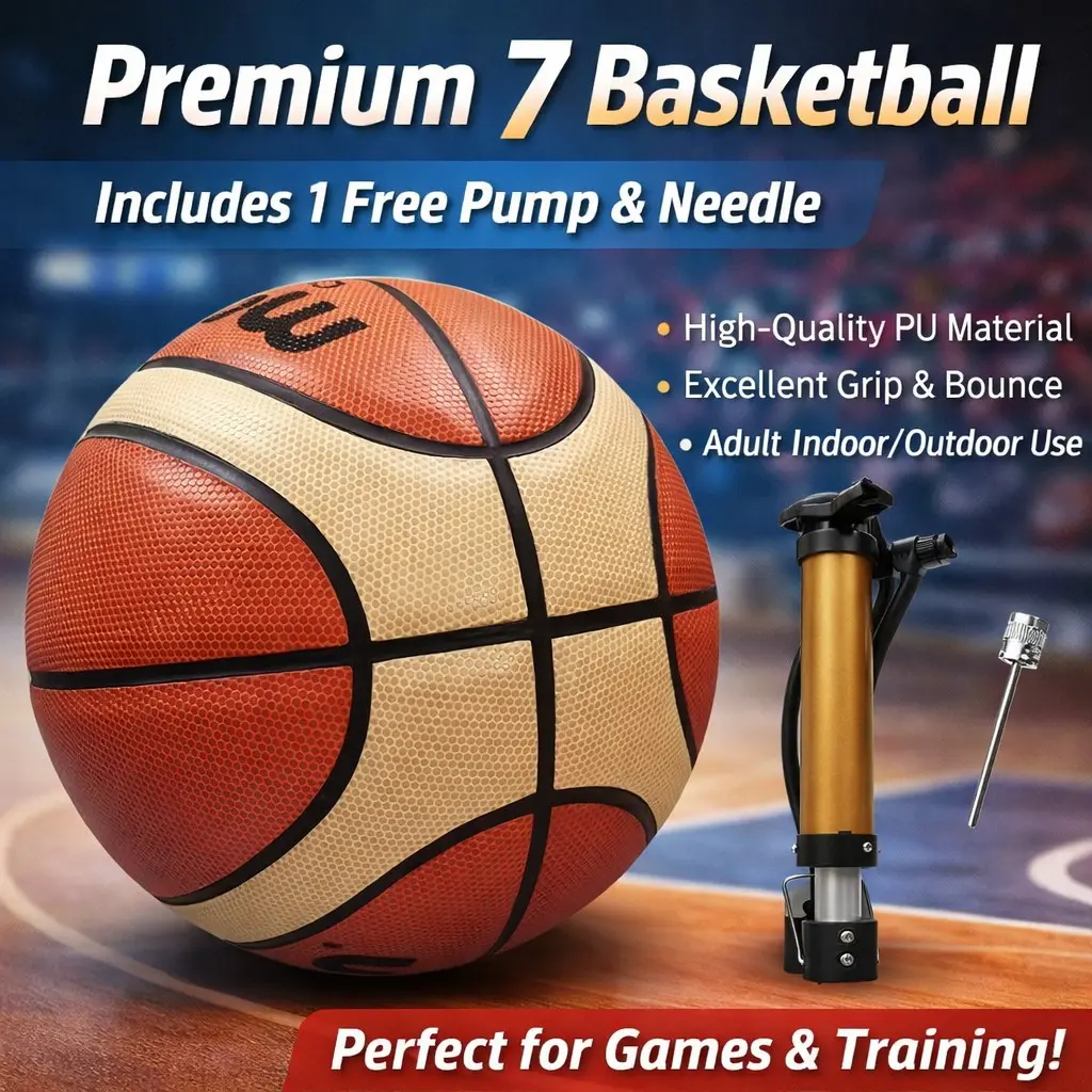 Size 7 Stability Basketball, Official Outdoor Indoor with Pump & Needle, PU Leather Grip, Anti-Slip Wear Resistant for Training Game Match, Adults Youth Sports, Outdoor Casual Basketball, Basketball Equipment
