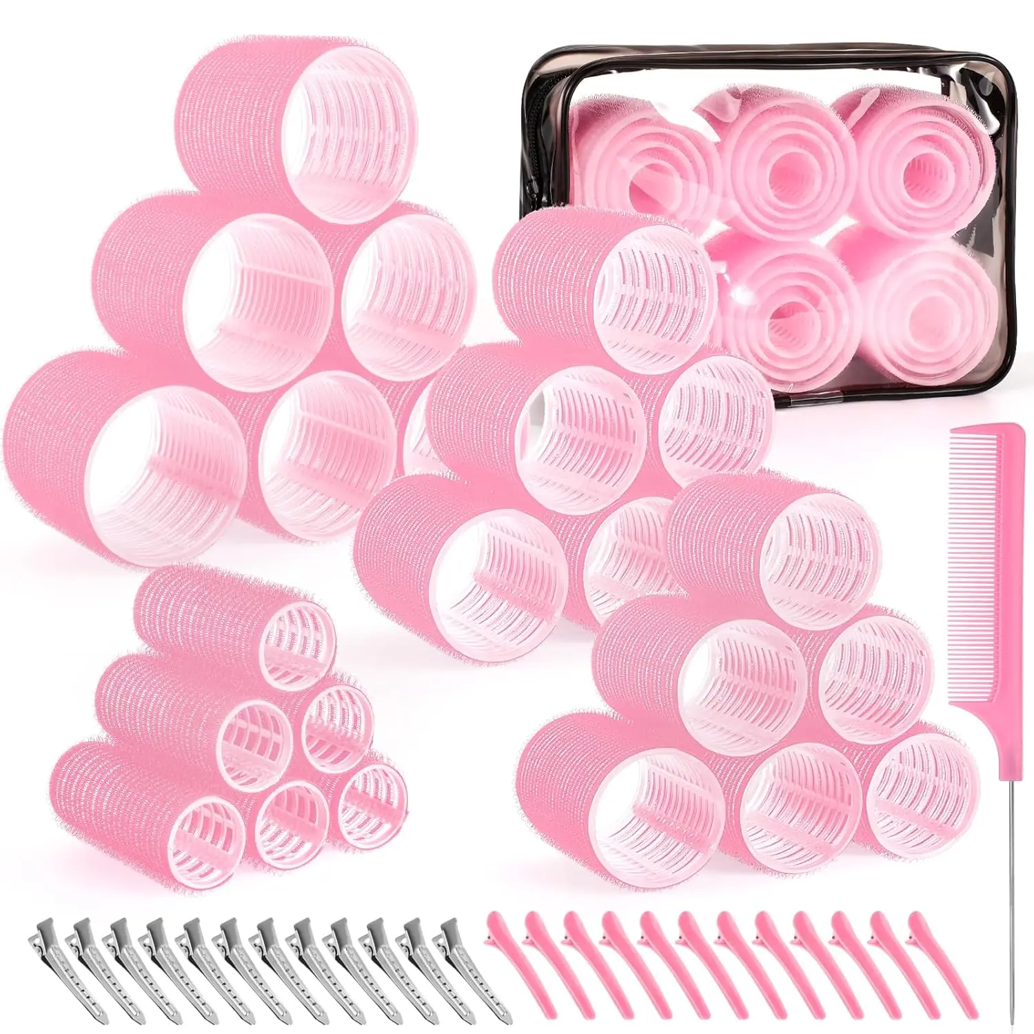 4 Sizes Self-Grip Hair Rollers Set for Long Short Hair and Bangs 50 Pcs with Clips 25mm 36mm 48mm 60mm Pink Versatile Styling Tools
