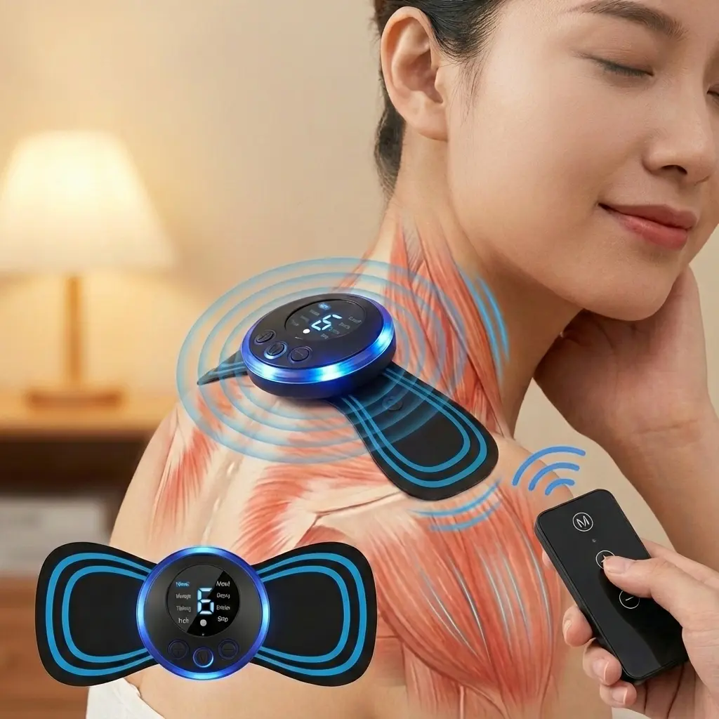 Compact Unisex USB Rechargeable EMS Vibratory Shoulder & Neck Massager for Muscle Relief, 8 Modes, 19 Levels, Independent Remote Control, Home & Office Use, 2026 TikTok-Inspired Gift Ideas