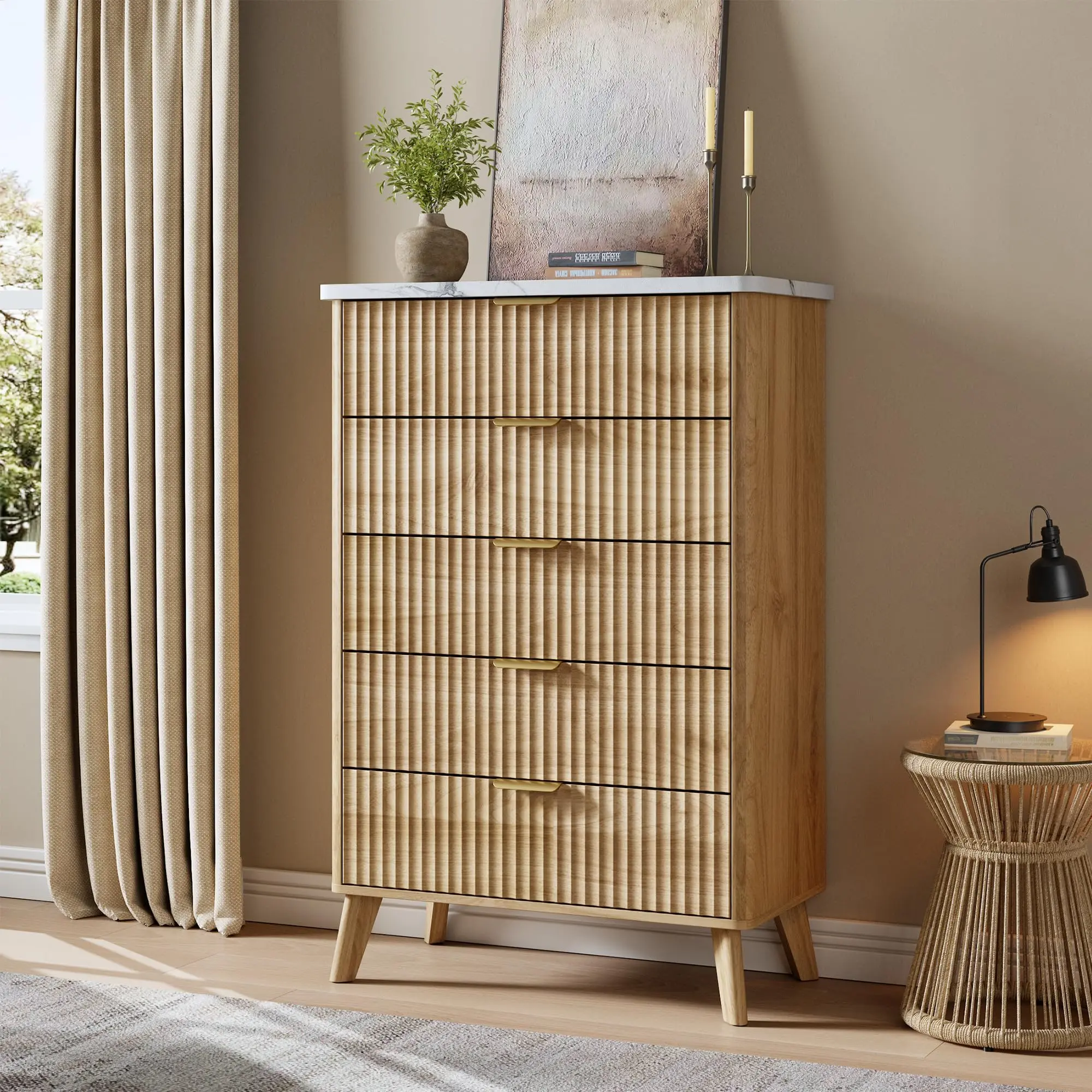 GARVEE Fluted 5-Deep-Drawer Dresser, 47.2in Tall Chest with Faux Marble Top & Curved Profile, Modern Natural Oak Home Organizer for Bedroom, Living Room