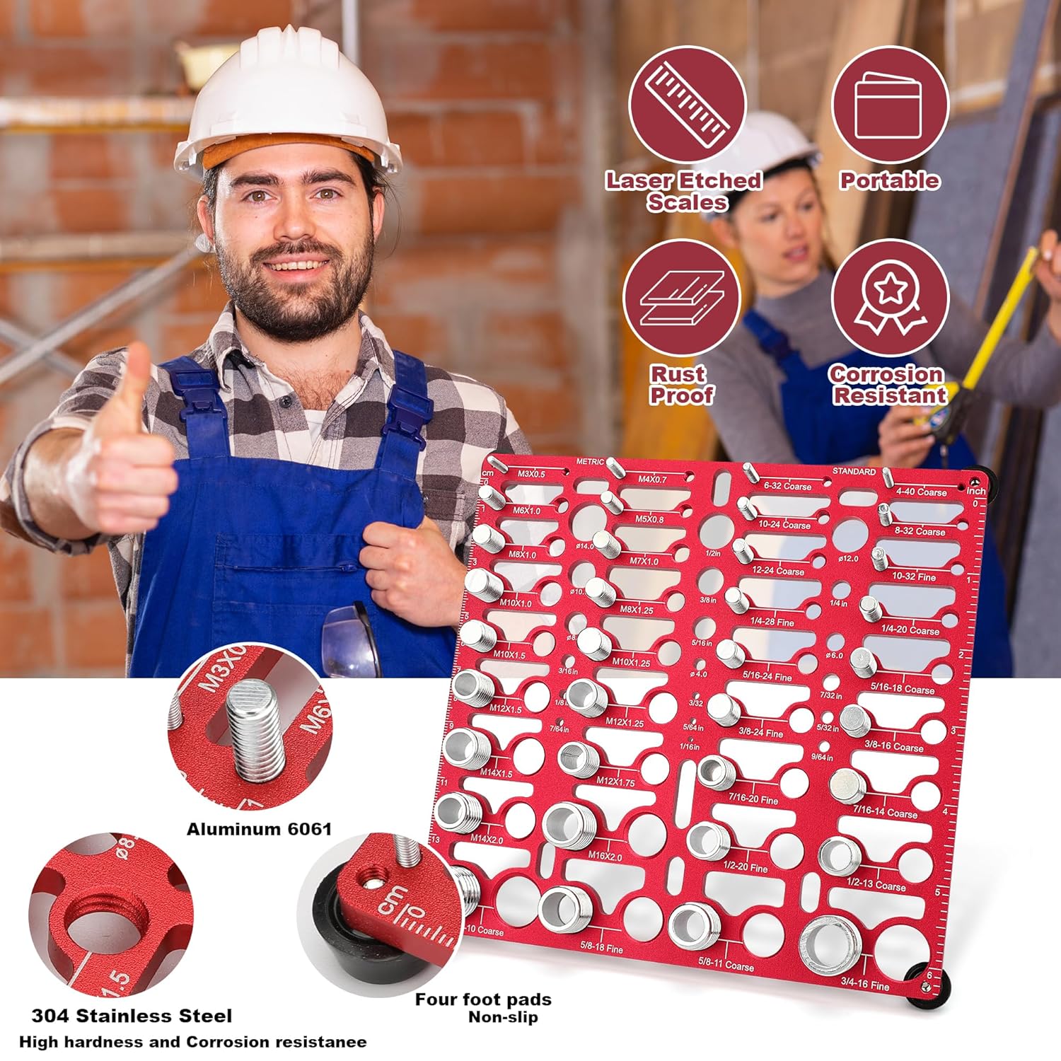 Thread Checker, 55 Bolt Size and Thread Gauge, Bolt Thread Identifier 20 Standard & 16 Metric, Bolt Identifier Board, Nut and Bolt Thread Checker Gauge Wall-Mountable with 19 Drill Bit Gauge