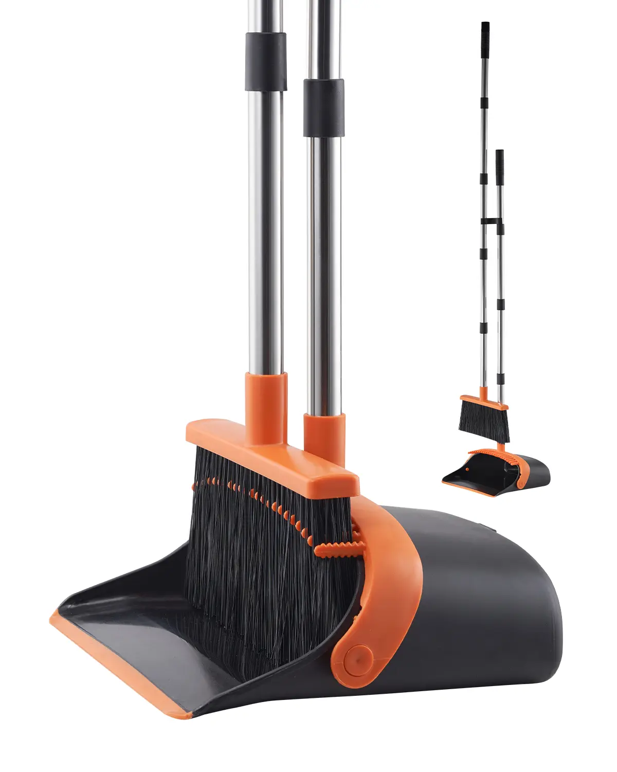 【SummerFinds】VEVOR Rubber Broom & Stainless Steel Dustpan Set with Brush, Heavy-Duty Combo with Self-Cleaning Teeth, Upright Standing, Long Adjustable Height Handle, Snug Floor Grip, Flexible Dust Removal, Floor Cleaning, Black+Orange