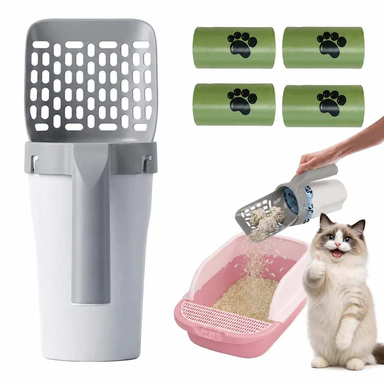 Handheld Universal Litter Box Scooper - Heavy-Duty Plastic Shovel with Waste Bin, Sifting, Mess-Free Cleaning, Anti-Pinch Filter, Leakage & Urine Protection, 4 Bonus Pet Poop Bags, Poop Scooper for Litter Boxes