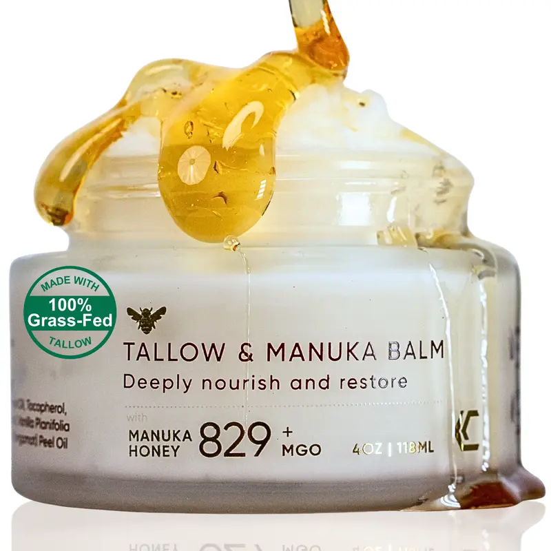 100% Grass-Fed Beef Tallow & Manuka Honey Balm, Natural Moisturizer Cream for Face & Body, Eczema Relief Cream, Moisturizer for Dry Skin, Pure Tallow Face Moisturizer for Sensitive Skin, 4oz