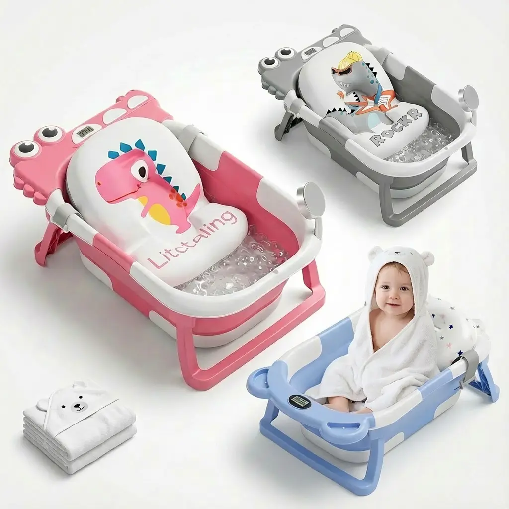 #backtoschool MoreFeel Collapsible Baby Bathtub for Infants to Toddler with Real-time Temp Monitor Floating Cushion Foldable Baby Bath Tub Set Applicable 0-36 Month Swing Seat Cute Newborn,sunscreen
