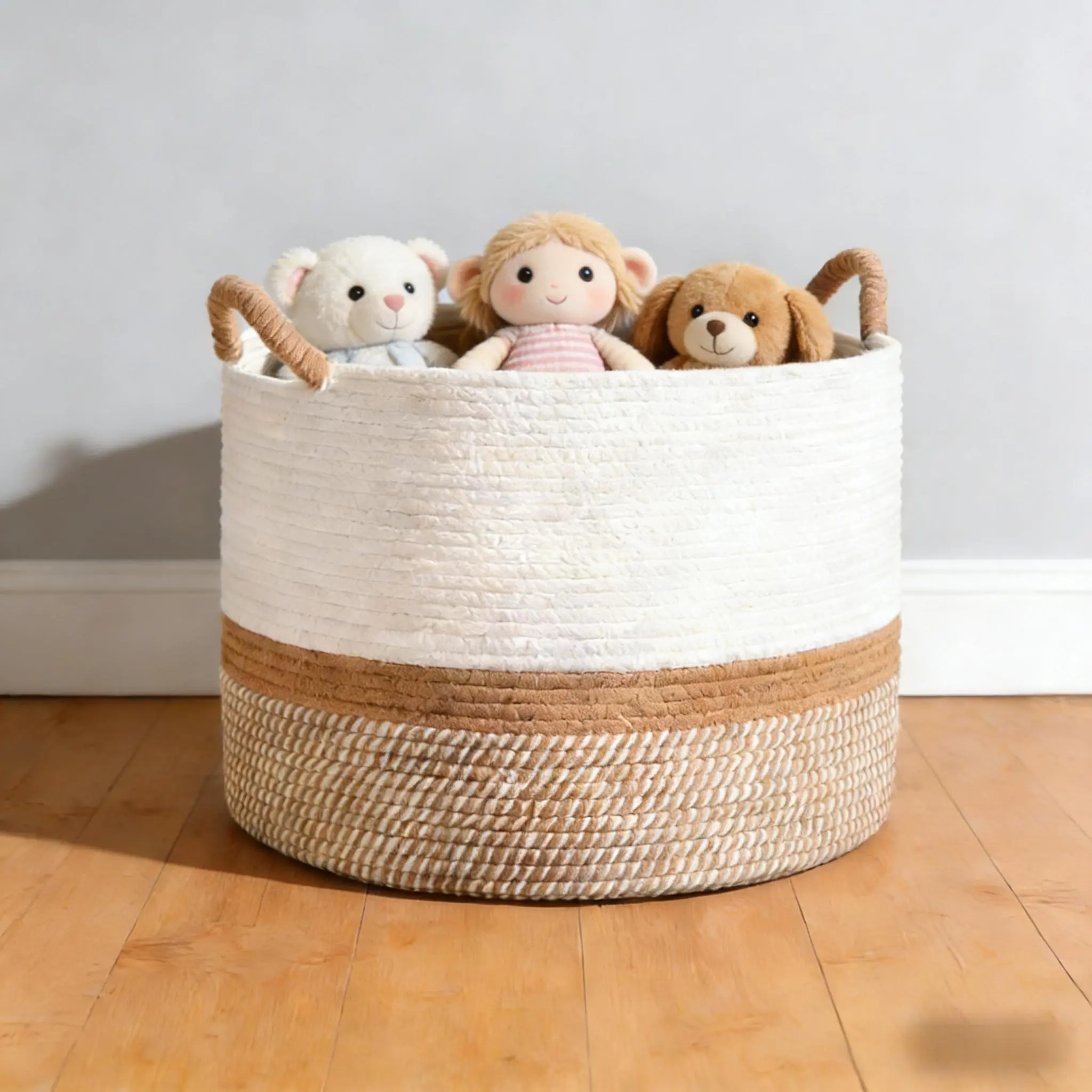 Durable Freestanding Round Natural Cotton Woven Storage Basket with Handles - Eco-Friendly Home Supplies Organizer for Babies’ Nursery, Clothes Laundering, Modern