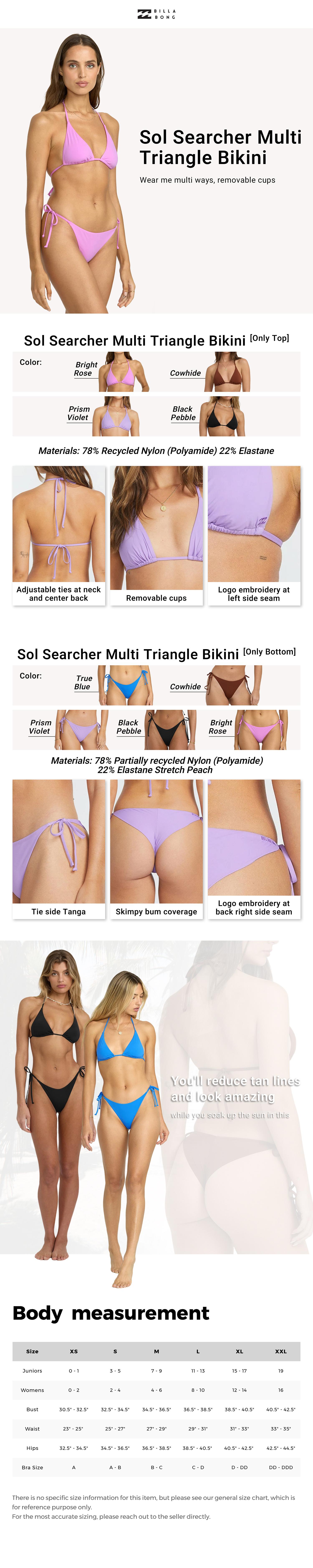 BILLABONG Sol Searcher Multi Triangle Bikini,wear me multi ways,Removable cups[Two Options, Set Available]