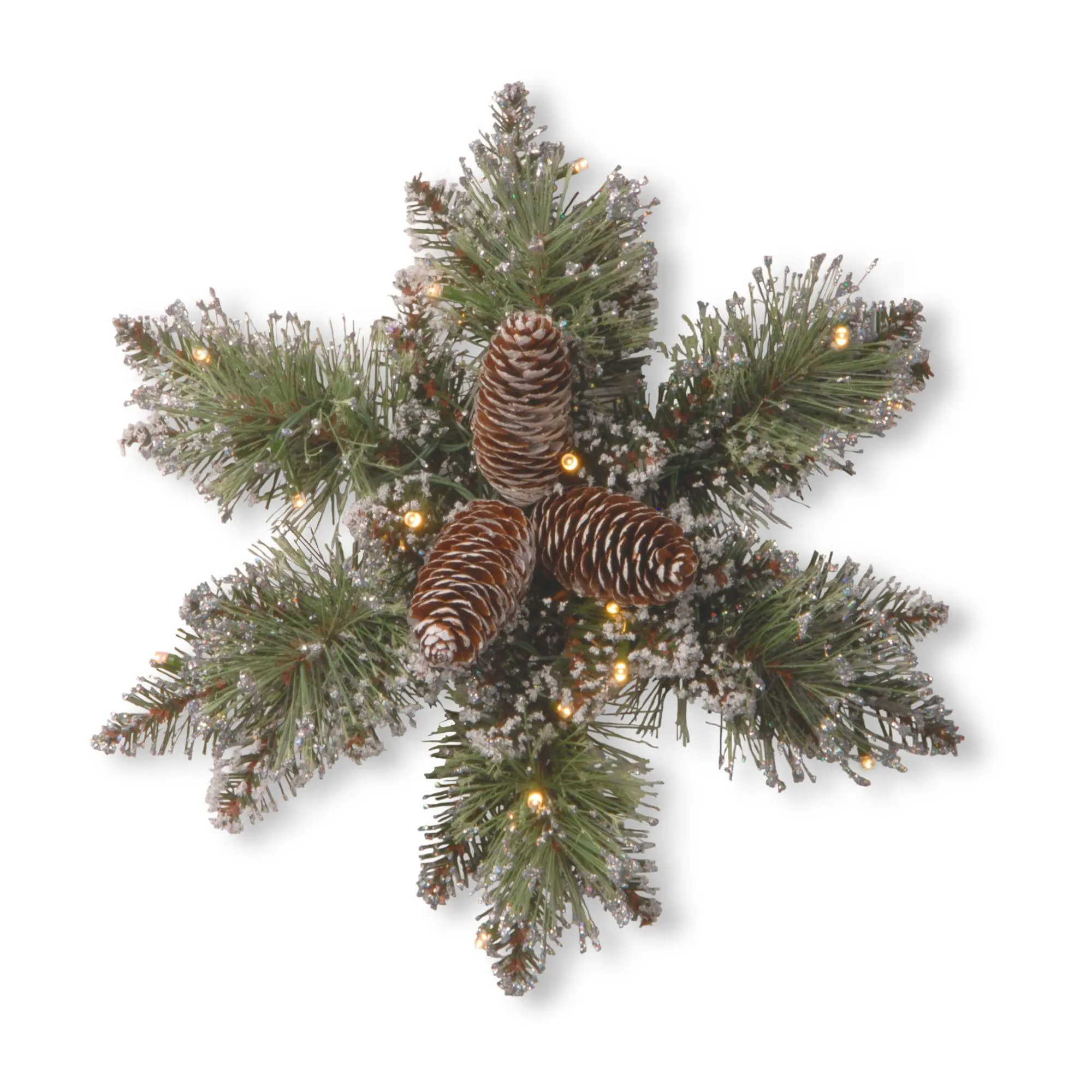 14" Glittery Pine Snowflake w/Batt Op White LEDLights