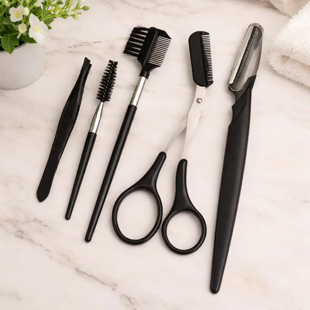 Professional 5-Piece Eyebrow Styling Kit - Stainless Steel Beauty Care Tool Set with Tweezers, Scissors, Razor, Comfortable Grip Ergonomic Handles, Compact for Travel Touchups, Efficient Trim, Durable for Beginners’ Home Brow Maintenance