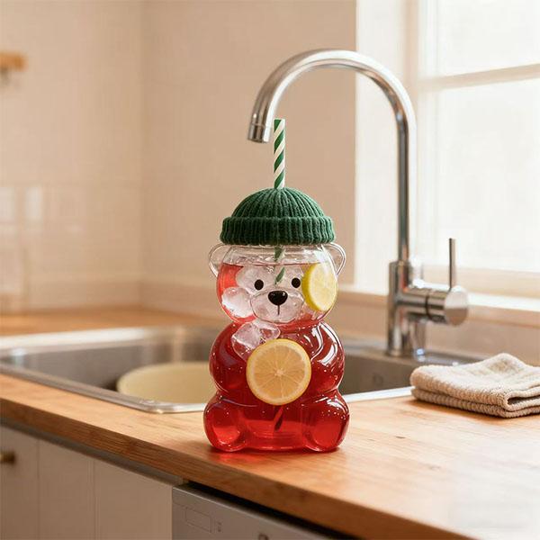 Viral Bearista Cold Cup for 2026 Holiday Collection Nostalgia Cute Bear Cup With Striped Straw 20oz High-Quality Glass Mug for Coffee Beers Wine Cocktail Drinks Teddy Bears Cup With Green Beanie-Style Lid